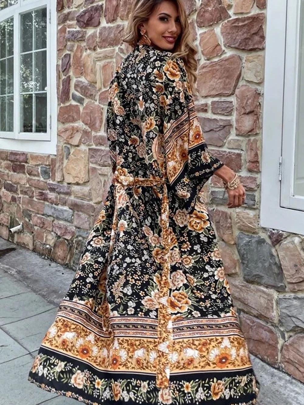 100% Cotton Floral Kimono Robe Maxi Duster Black Orange Boho